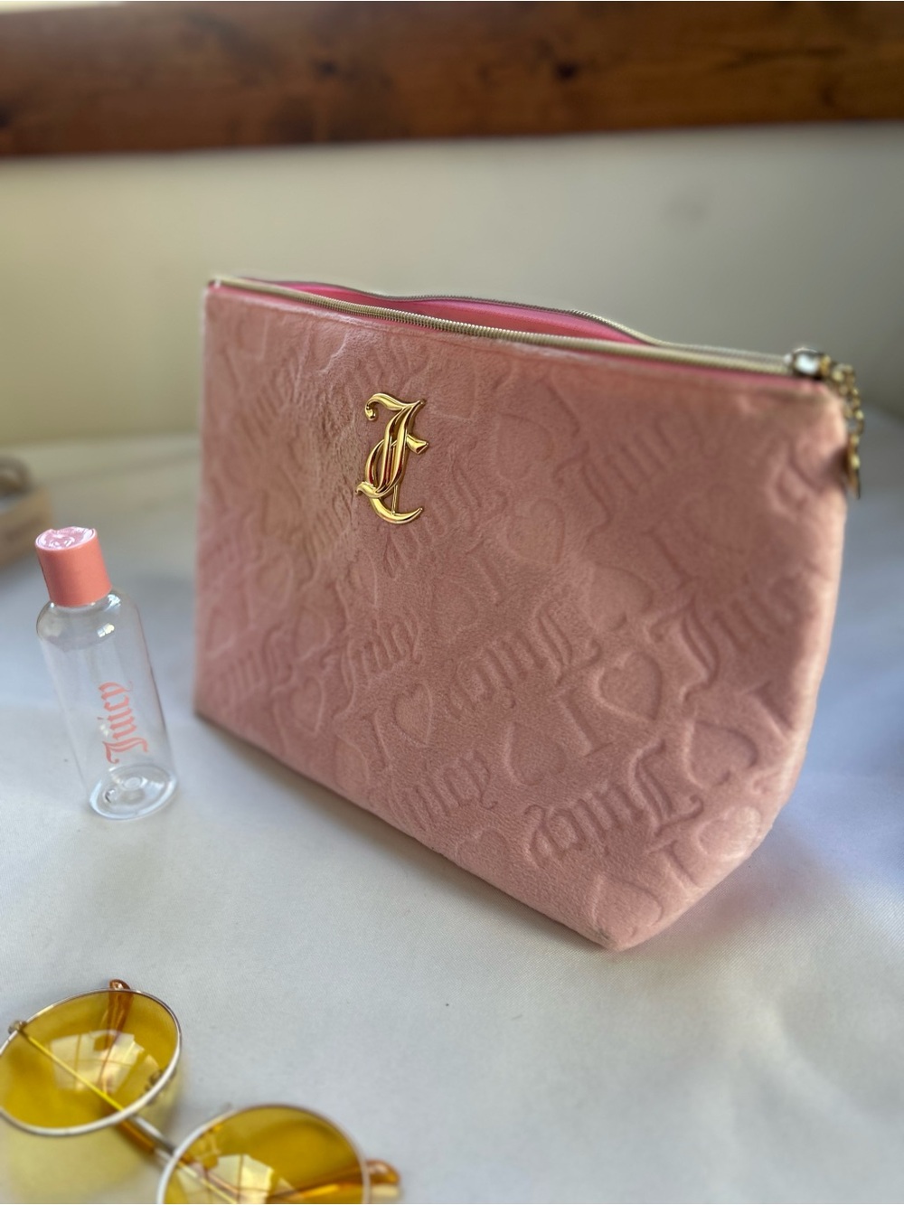Juicy Couture Pink Satin fleece Logo Pouch new